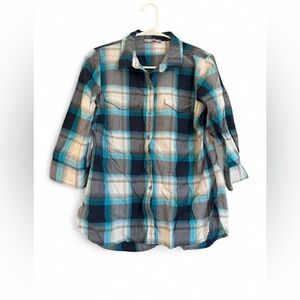 Lee Riders Women's Plaid Button Down 3/4 Sleeve Shirt Blue Gray Size Large